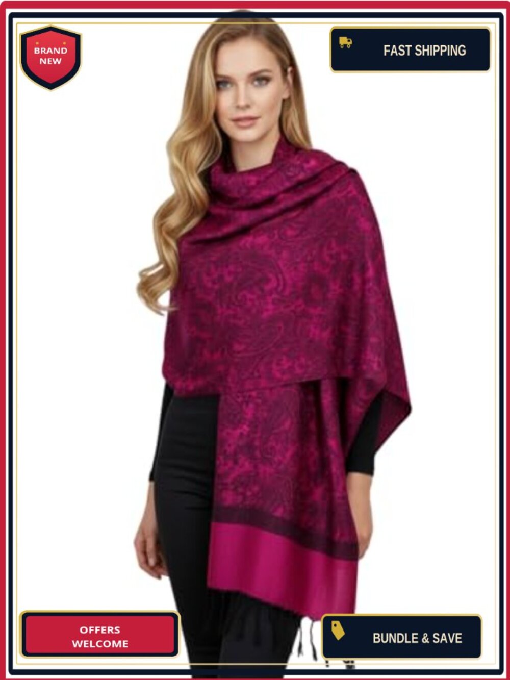 Paisley Jacquard Pashmina Shawl Wrap Scarf Stole - Viscose Acrylic, Lightweight